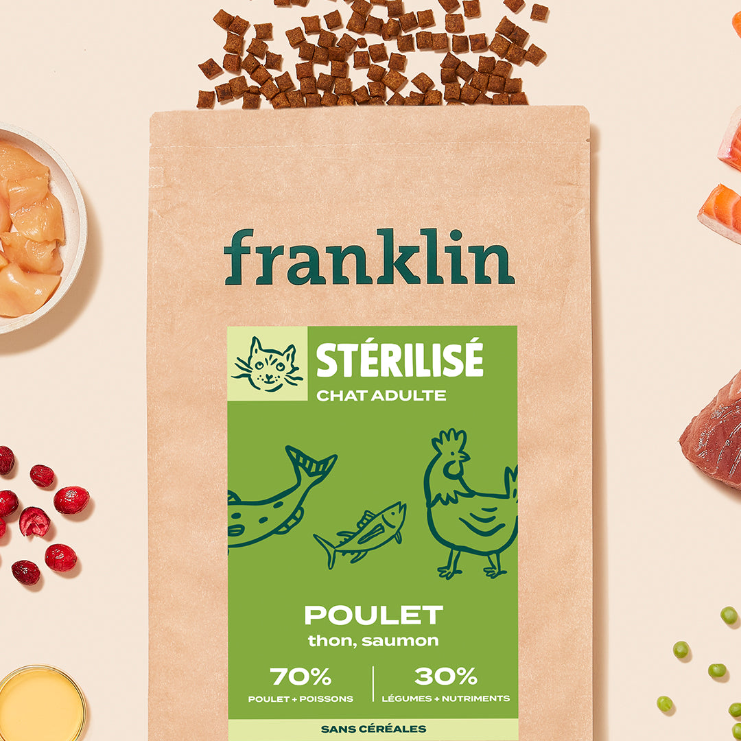 Franklin Alimentation premium pour chien et chat. Choisissez la meilleure nourriture pour votre animal : Croquettes sans céréales riches en protéines et faibles en glucides. Découvrez notre large gamme de pâtées et de friandises riches en viande !