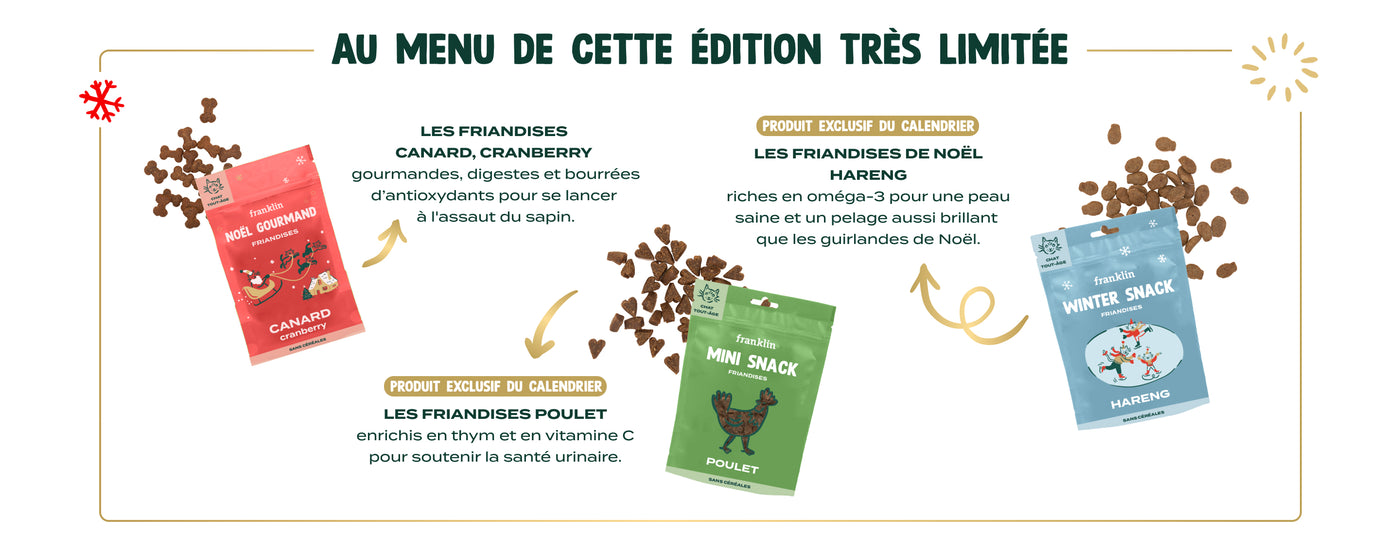 Contenu du calendrier pour chat franklin : Les friandises canard, cranberry, gourmandes, digestes et bourrées d’antioxydants pour se lancer à l'assaut du sapin.Les mini-snack Poulet, thym enrichis en thym et en vitamine C pour soutenir la santé urinaire.Les bouchées hareng, romarin, riches en oméga-3 pour une peau saine et un pelage aussi brillant que les guirlandes de Noël.