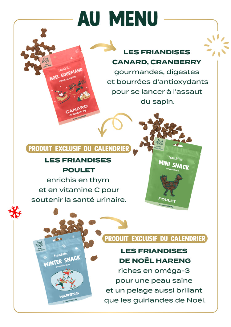 Contenu du calendrier pour chat franklin : Les friandises canard, cranberry, gourmandes, digestes et bourrées d’antioxydants pour se lancer à l'assaut du sapin.Les mini-snack Poulet, thym enrichis en thym et en vitamine C pour soutenir la santé urinaire.Les bouchées hareng, romarin, riches en oméga-3 pour une peau saine et un pelage aussi brillant que les guirlandes de Noël.