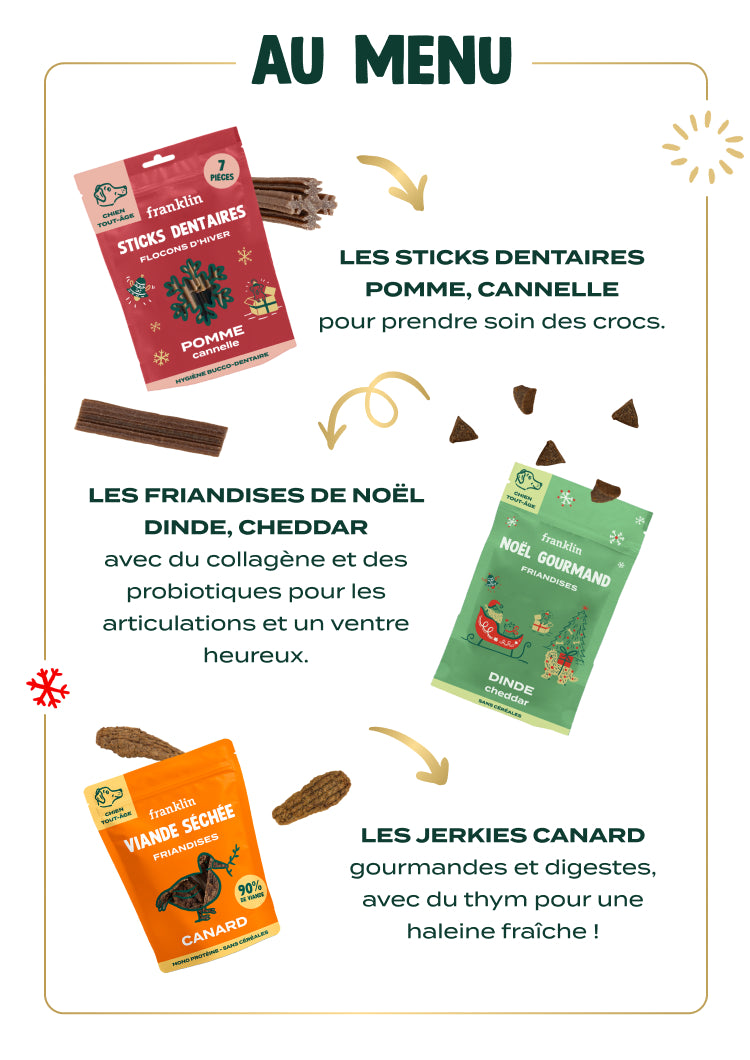 Contenu du calendrier pour chien franklin : Les sticks “Flocons d’hiver” à la pomme et à la cannelle, pour prendre soin des crocs.Les friandises dinde, cheddar, enrichies en collagène pour les articulations et en probiotiques pour un ventre heureux.Les lamelles de canard séché, gourmandes et digestes, avec un soupçon de thym pour une haleine fraîche !