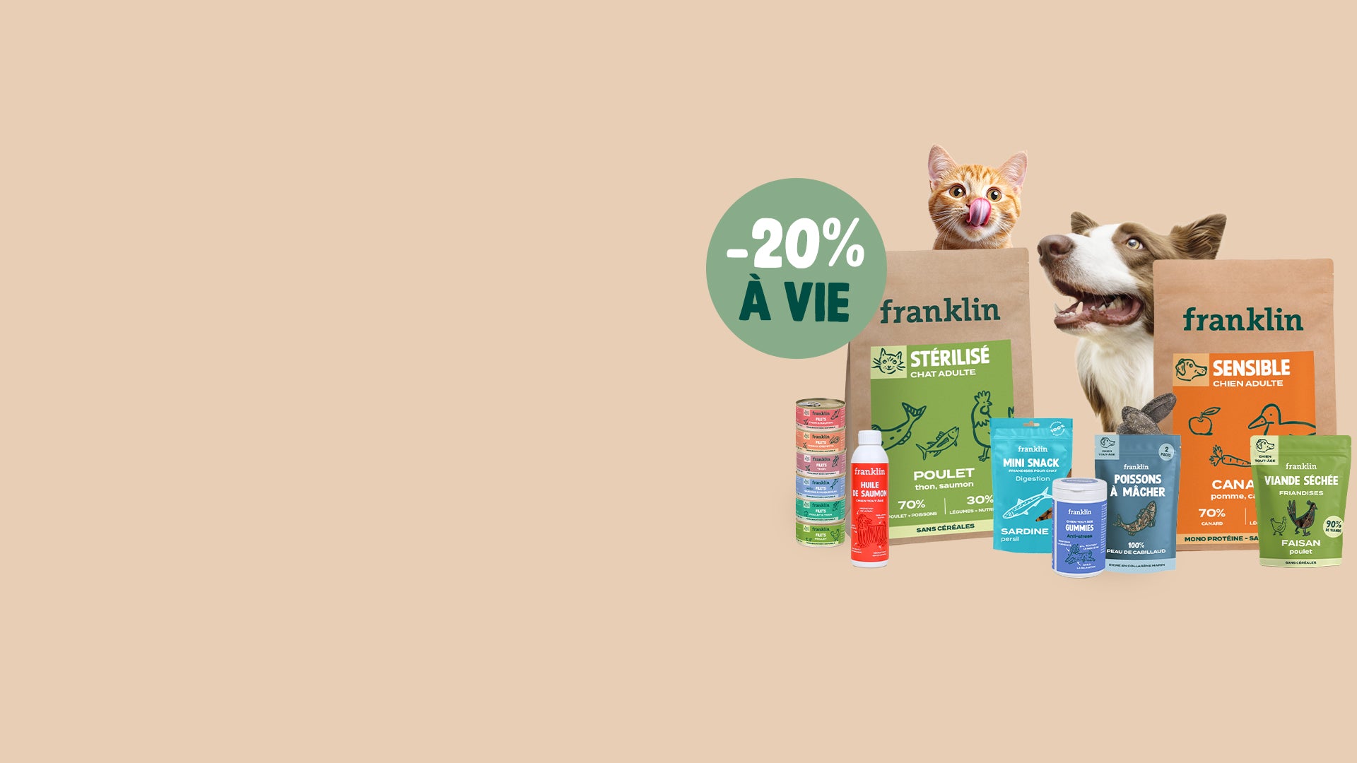 Franklin Alimentation premium pour chien et chat. Choisissez la meilleure nourriture pour votre animal : Croquettes sans céréales riches en protéines et faibles en glucides. Découvrez notre large gamme de pâtées et de friandises riches en viande !