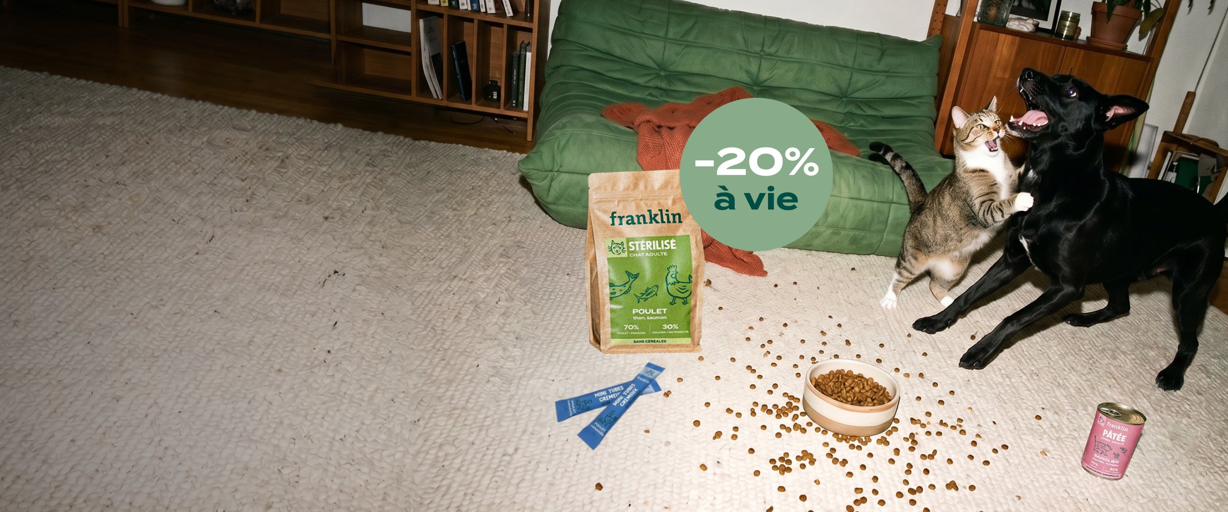 Franklin Alimentation premium pour chien et chat. Choisissez la meilleure nourriture pour votre animal : Croquettes sans céréales riches en protéines et faibles en glucides. Découvrez notre large gamme de pâtées et de friandises riches en viande !