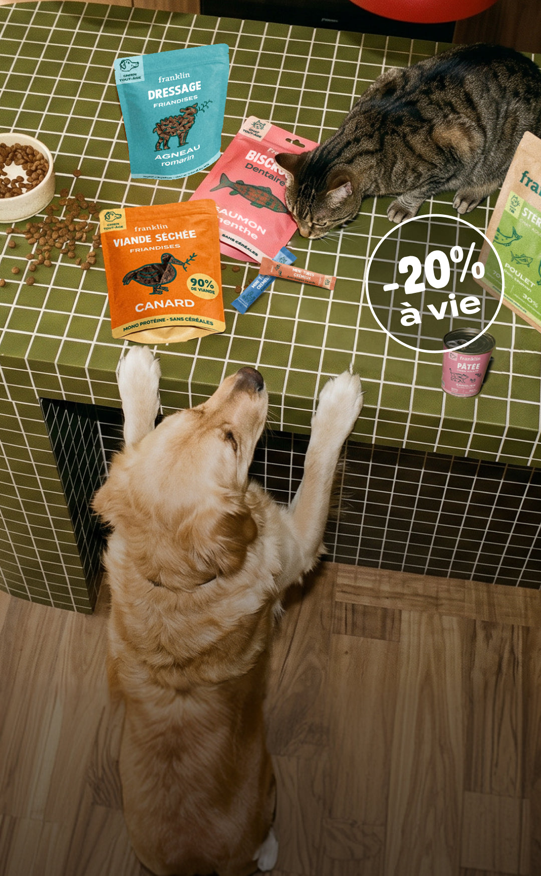 Franklin Alimentation premium pour chien et chat. Choisissez la meilleure nourriture pour votre animal : Croquettes sans céréales riches en protéines et faibles en glucides. Découvrez notre large gamme de pâtées et de friandises riches en viande !