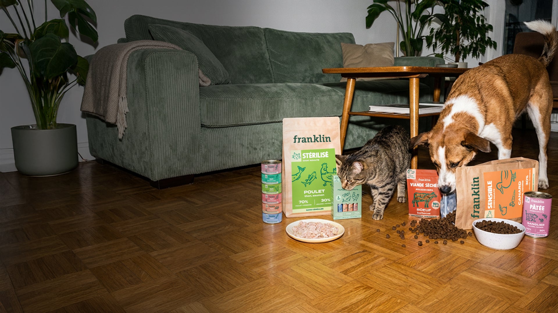 Franklin Alimentation premium pour chien et chat. Choisissez la meilleure nourriture pour votre animal : Croquettes sans céréales riches en protéines et faibles en glucides. Découvrez notre large gamme de pâtées et de friandises riches en viande !